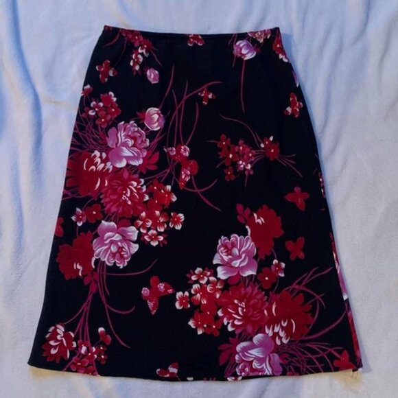 Vintage 90s Suzy Shier Black Floralred & Pink Printed Midi Skirt - Picture 1 of 3